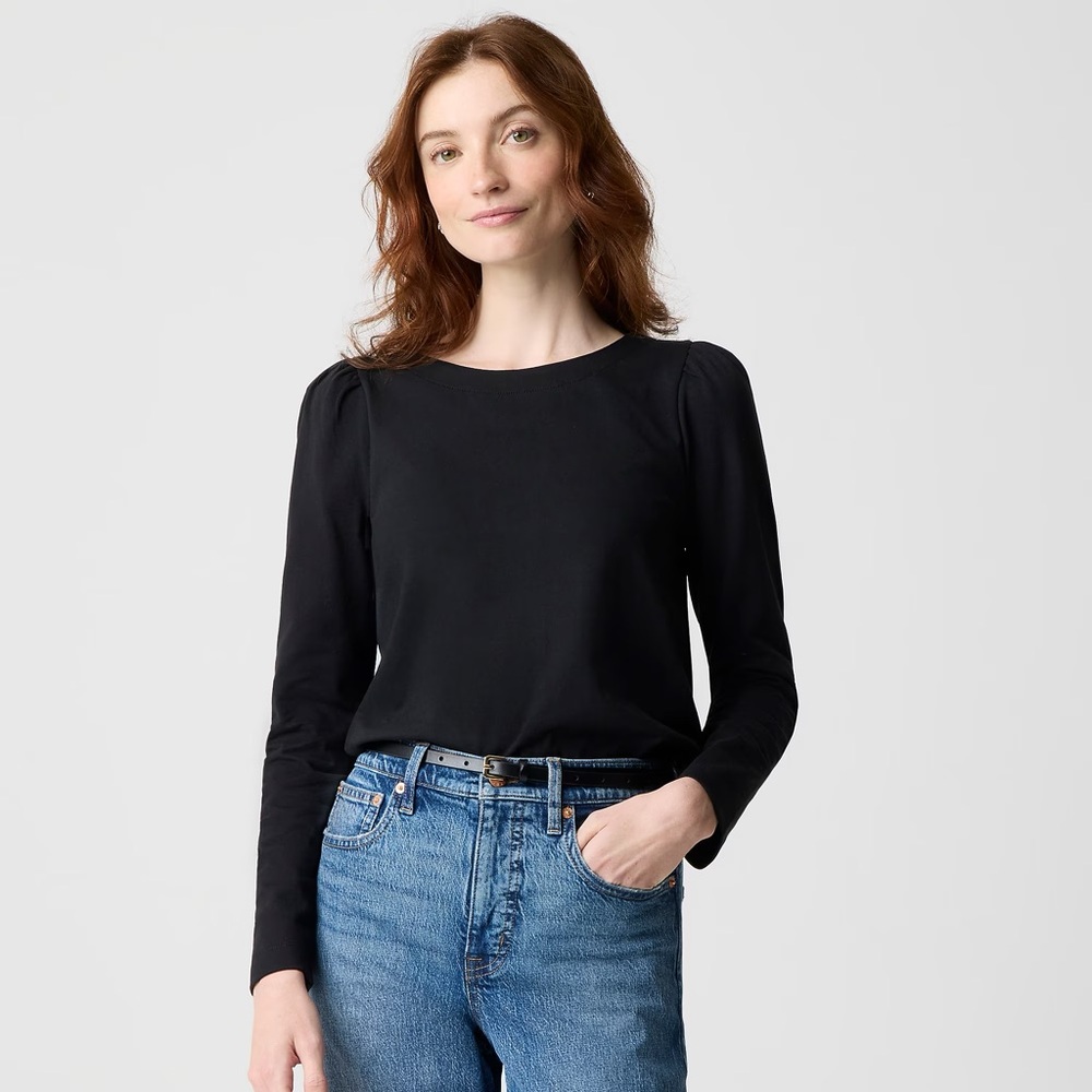 JCREW Puff-sleeve button-back top, black cotton